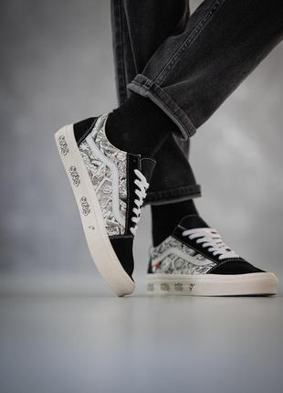 Крутые мужские кеды vans old skool x sns black white graffiti чёрно-белые с принтом8 фото