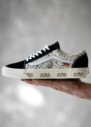 Крутые мужские кеды vans old skool x sns black white graffiti чёрно-белые с принтом1 фото