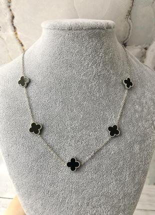 Колье ванклиф, подвеска клевер, новинка, черное под серебро, тренд, медсталь