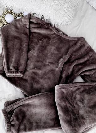 Теплая махровая пижама шоколад коричневый кофта брюки махра