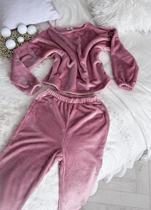 Махровая пижама кофта штаны розовый пудра теплая