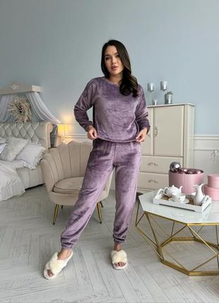 Теплая махровая пижама кофта штаны махра лиловый фиолетовый