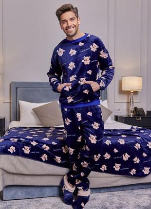 Чоловіча тепла махрова піжама для всієї родини з принтом розміри 40-62