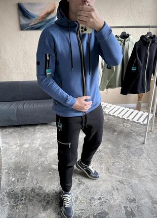 Зимний спортивный костюм с начесом индиго кофта на молнии + черные брюки