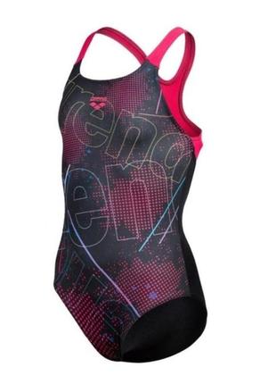 Купальник закритий для дівчат arena galactics swim pro back чорний, рожевий діт 140см