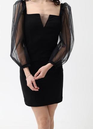 Сукня міні рукава ліхтарики з сітки з відкритими плечима плаття чорна по фігурі елегантна вечірня новорічна святкова6 фото