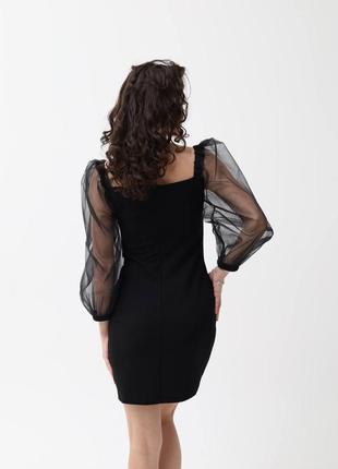 Сукня міні рукава ліхтарики з сітки з відкритими плечима плаття чорна по фігурі елегантна вечірня новорічна святкова7 фото