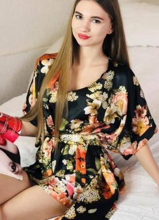 Домашний комплект ночная рубашка с халатом (пенюар ночнушка шелковый костюм атласный)