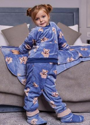 Детская теплая махровая пижама унисекс для всей семьи с принтами размеры 92-146