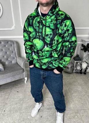 Крутий  чоловічий худі толстовка з капюшоном з принтом зелений | стильні утеплені чоловічі худі на флісі осінь-зима
