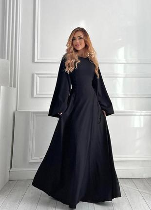 Платье макси в рубчик с удлиненными рукавами клеш приталенное с корсетной шнуровкой юбка свободного кроя платье длинная черная серая базовая