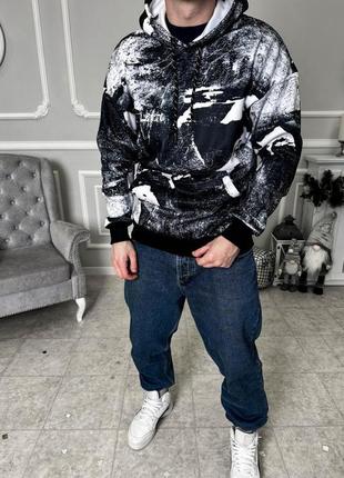 Модный мужской худи толстовка с капюшоном с рисунком черный | качественные мужские худи на флисе осень-зима