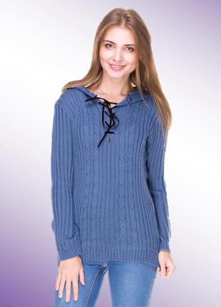 Пуловер синий с капюшоном (шерсть мериноса)1 фото