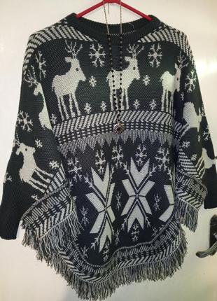 Шерстяной-30%,новогодний свитер-пончо с рукавами,оленями,большого размера-оверсайз,турция1 фото