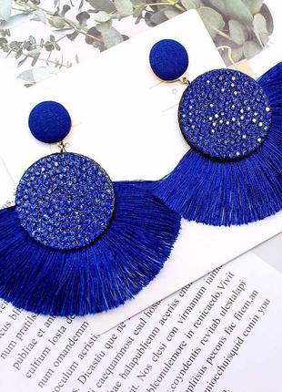Вечерние серьги гвоздики большевиків кисточки бахрома крупные синие