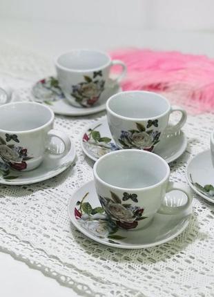 Чайный набор чашек и блюдец "розы и пионы", 6 п