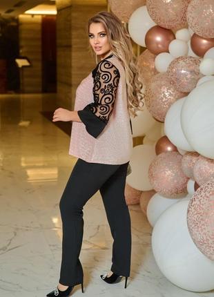 Костюм
размер: 50-52, 54-56, 58-60, 62-64
цвет: черный, розовый
ткань туречковика: брюки евро-костюмка, блуза люрекс4 фото