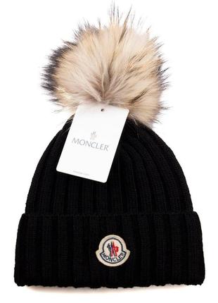 Шапка чорна в'язана жіноча moncler шапка з помпоном монклер зимова люкс якість