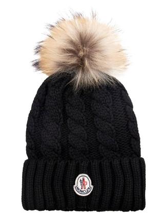 Шапка чорна в'язана жіноча moncler шапка з помпоном монклер зимова люкс якість