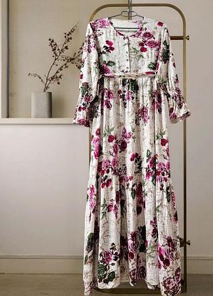 Длинное натуральное платье с рукавом в принт, цветочный, вискоза