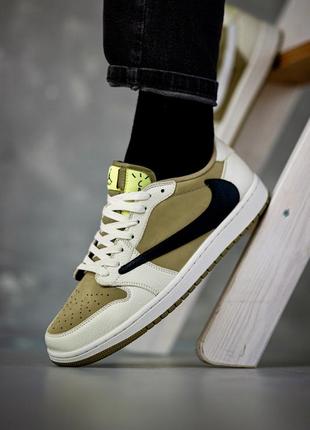 Мужские кроссовки nike air jordan 1 retro low x travis scott golf neutral olive белые с хаки1 фото