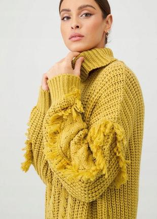 Теплый женский свитер крупной вязки горчичного цвета, м3 фото