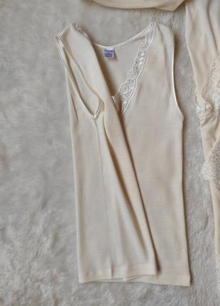 Белая бежевая натуральная майка с шерсти и шелка шерстяной шелковый натуральная блуза теплая с гипюр4 фото