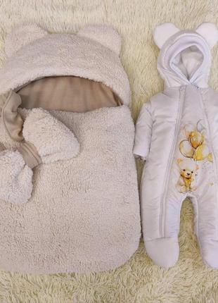 Комбинезон с принтом медвежонок с шариками + спальник тедди для новорожденных, ванильный1 фото