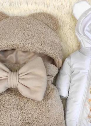 Комбинезон с принтом медвежонок с шариками + спальник тедди для новорожденных, капучино4 фото