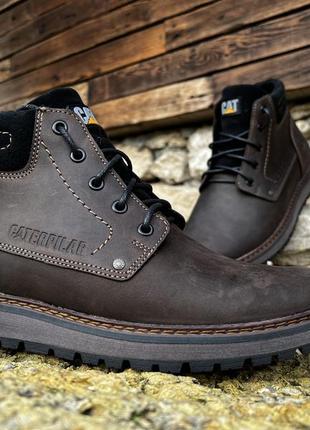 Кожаные зимние ботинки на меху cat limpression brown boots8 фото