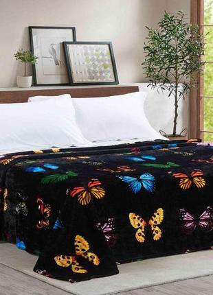 Плед-покрывало из флиса черный двуспальный бабочки 200х220 см евро