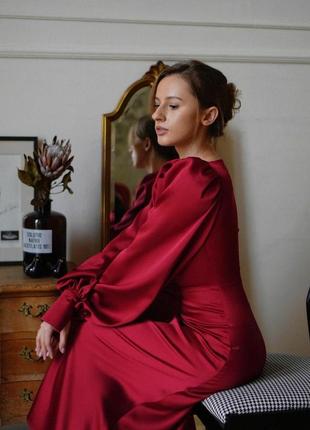 Червоне бордове вишневе плаття сукня з шовку сатину святкова на випускний6 фото