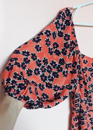 Коралловая блуза в черный цветочный принт, цветочная натуральная блузка с объемными рукавчиками 46-48 г.2 фото