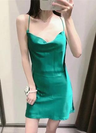Нова сатинова смарагдова зелена міні сукня розмір м піжамний стиль мода 20243 фото