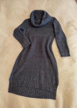 Теплое вязаное платье, размер м, темно-серая с люрексом