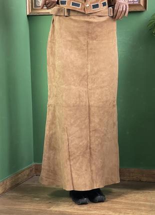 Люксовая длинная юбка arma из натуральной кожи замши винтажная цвета кemел5 фото