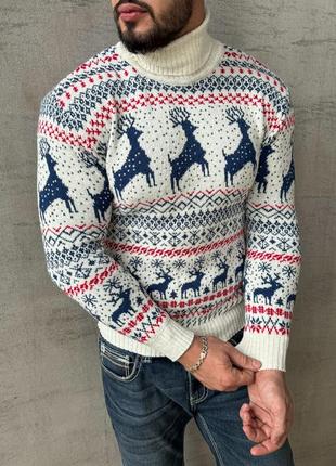 Гольф теплый мужской свитер с горловиной принт с оленями н5020 70% шерсть белый