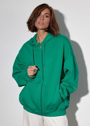 Тепле жіноче худі на блискавці з капюшоном — зелений колір, l (є розміри)1 фото