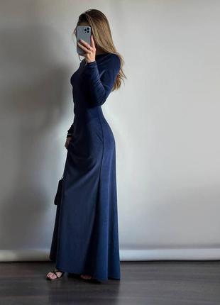 Платье с открытой спинкой темно-синее из велюра, длинное вечернее платье, платье на новый год3 фото