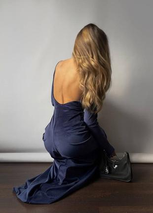 Платье с открытой спинкой темно-синее из велюра, длинное вечернее платье, платье на новый год6 фото