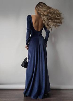 Платье с открытой спинкой темно-синее из велюра, длинное вечернее платье, платье на новый год