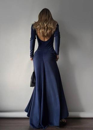 Платье с открытой спинкой темно-синее из велюра, длинное вечернее платье, платье на новый год7 фото