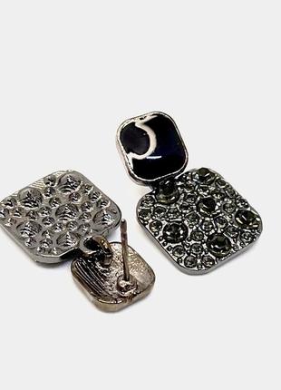 Стильні сріблясті сережки чорна емаль чорні кристали кульчики серьги підвіси пусети4 фото