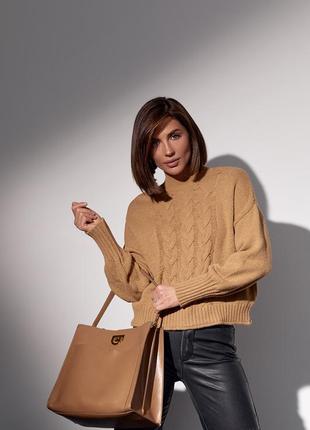 Вязаный женский свитер с косами - коричневый цвет, l (есть размеры)6 фото