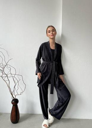 Бархатная пижама тройка в полоску халат мини кроп штаны свободные комплект черный серый коричневый бархатный для дома для сна8 фото