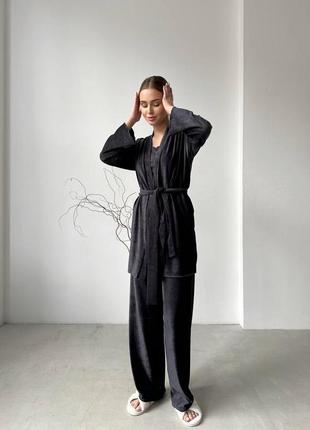Бархатная пижама тройка в полоску халат мини кроп штаны свободные комплект черный серый коричневый бархатный для дома для сна9 фото