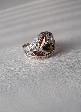 🫧 17 размер кольцо серебро с золотом фианит зелёный4 фото