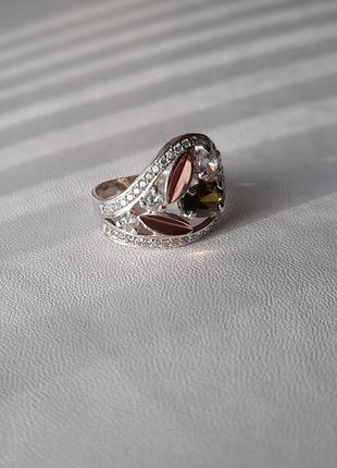 🫧 17 размер кольцо серебро с золотом фианит зелёный3 фото