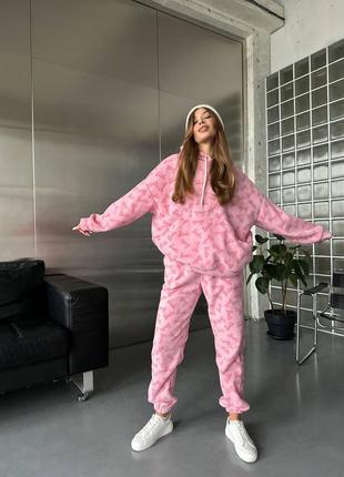 Флисовый костюм barbie кофта кенгуру свободного кроя с капюшоном оверсайз худи штаны джоггеры комплект теплый стильный базовый розовый8 фото