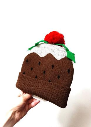 Cotton traders коричнева шапка зима/демі подвійна червоний помпон+зелені листочки на дівчинку 18-24м2 фото